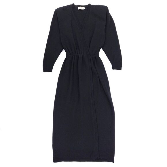 ST JOHN Santana Knit Wool Wrap Dress Minimal Modest Quiet Luxury Old Money Black - Picture 1 of 11